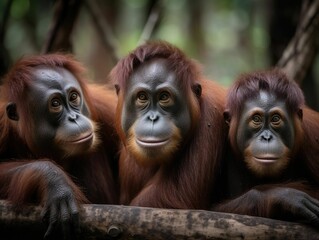 AI generated illustration of orangutans on a tree branch in a natural outdoor setting