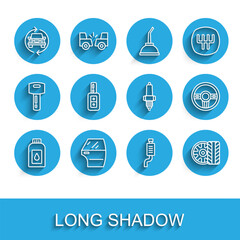 Set line Canister for motor machine oil, Car door, service, muffler, tire wheel, key with remote, Steering and spark plug icon. Vector