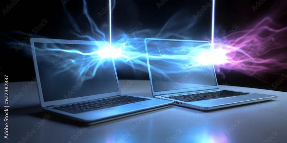 Poster two labtops connected with the cloud,  CGI Image of Two Laptops Networking with the Cloud, Creating Connections in a Space of Light Blue