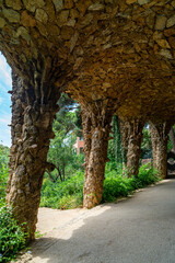 Beautiful shot of the stone columns at Park Guell in Barcelona