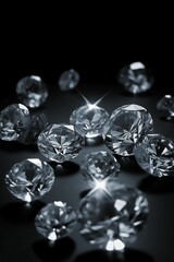 AI generated illustration of glimmering diamonds on a black surface, illuminated by a bright light