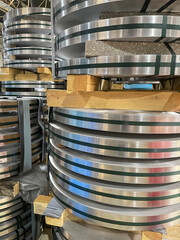 detail of a steel coil stacked one on top of the other, raw material, cold stamping, stainless...
