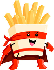 Cartoon fast food french fries superhero character. Takeaway meal hero childish character, fast food dish defender or French fries superhero isolated vector funny personage or cheerful mascot