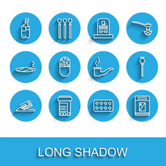 Set line Cocaine and credit card, Medicine bottle pills, Bong for smoking marijuana, Pills blister pack, Cigarettes box, tablet, Opium poppy and Smoking pipe icon. Vector