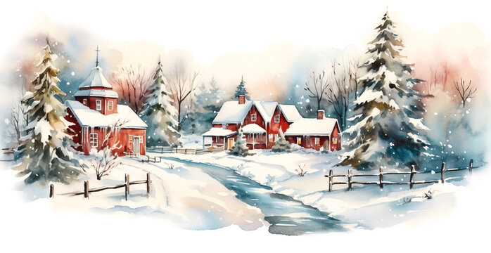 Vintage Christmas New Years greeting card with winter scene in countryside. Watercolor illustration. Houses rooftops covered with snow fir trees. Calm magical mood