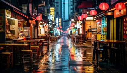 Fototapeta premium Neon Lights at Night Taiwanese Street Generative AI