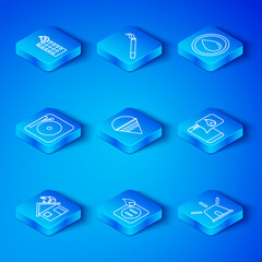 Fototapeta premium Set line Fire in burning house, cone bucket, Electric wiring of socket fire, Phone with emergency call 911, Water drop, Ringing alarm bell, building and Flasher siren icon. Vector