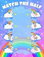 Foto op Plexiglas Match the half of magic caticorn cat and kitten characters. Vector game worksheet with cute kawaii cartoon feline unicorn characters on sky with rainbow and clouds. Connect separated pieces riddle © Buch&Bee