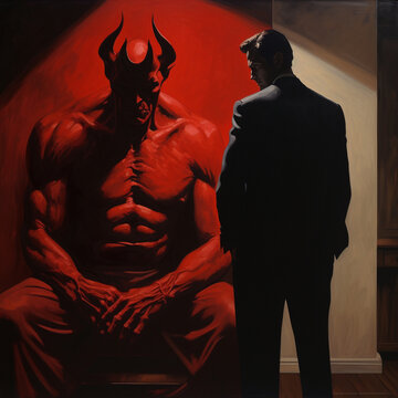 l'homme en noir et le d&eacute;mon rouge - IA Generative