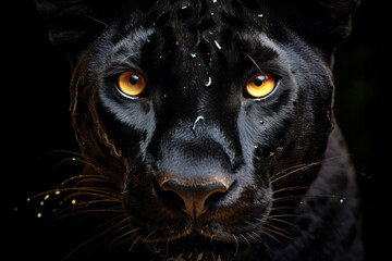 Close-up of beautiful black jaguar on blak background. Amazing Wildlife. Generative Ai