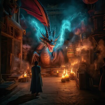 AI generated illustration of a brave knight ready to battle a fearsome dragon