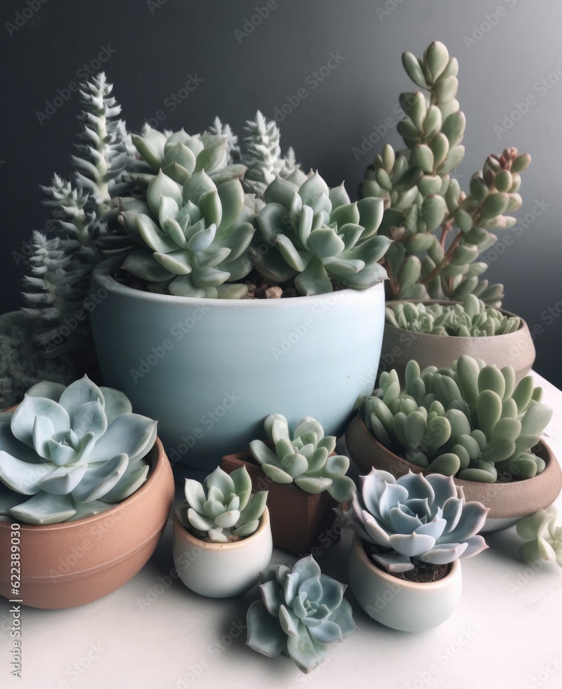 Poster ai generated illustration of a wooden table with an array of various succulents arranged on top