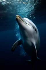 Naklejka premium Dolphin swimming underwater in blue ocean. amazing wildlife. generative AI