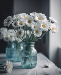 several small mason jars on a table with white daisies