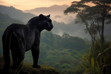 Stunning wild black jaguar in the jungle with green plants, trees and mountains in the background. Amazing wildlife. Generative Ai - obrazy, fototapety, plakaty