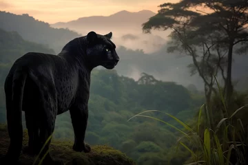 Foto op Plexiglas Stunning wild black jaguar in the jungle with green plants, trees and mountains in the background. Amazing wildlife. Generative Ai © Shootdiem