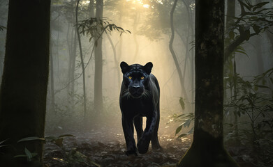 Stunning wild black jaguar walking in the jungle at sunrise. Amazing wildlife. Generative Ai
