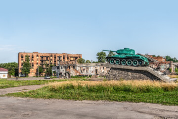 Trostyanets, Sumy Oblast, Ukraine - June 18, 2023: A monument to a tank against the backdrop of...