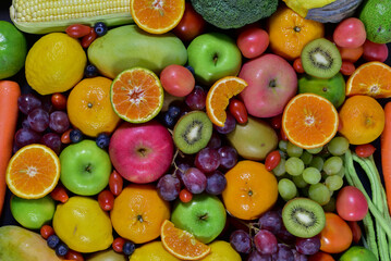 Fresh fruits, assorted fruits, colorful background. Healthy fruits and vegetables concept.