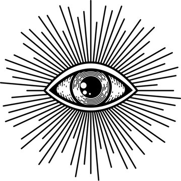 Providence illuminati evil seeing eye, witchcraft and alchemy magic symbol in sun rays. Vector doodle esoteric eye talisman, all seeing masons sign