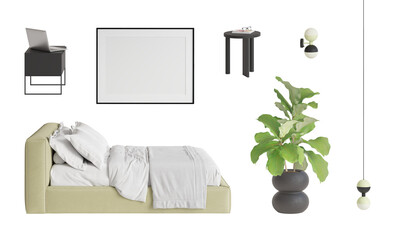 Set of isolated bedroom furniture 10. Side view. Light green soft textile bed, round black table, a laptop on a black sideboard, colored sconce, pendant, blank poster, ficus tree on pot. 3d render