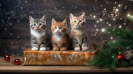 three kittens sitting on a christmas present box and pineconches