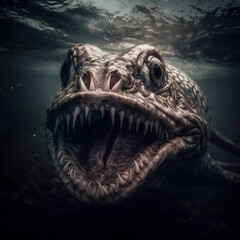 AI generated illustration of a marine shark swimming in the ocean surface, revealing its sharp teeth