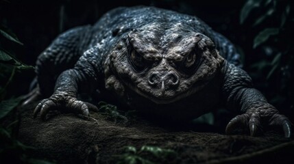 Obraz premium AI generated illustration of a large scary lizard in the dark enchanted woods