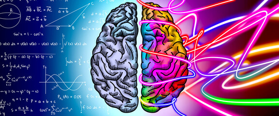 Logic and creativity. Illustration of brain hemispheres, banner design. Different formulas and bright neon lines on background