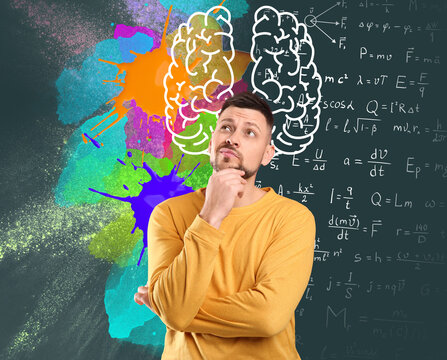 Logic and creativity. Man and illustration of brain hemispheres. Different formulas and bright paint stains on chalkboard