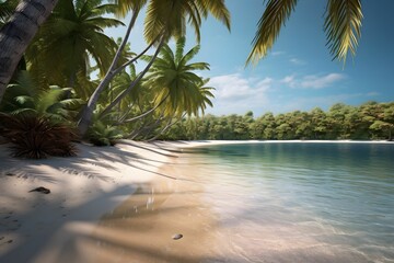 AI generated illustration of a beach with a long stretch of sand surrounded by lush green trees