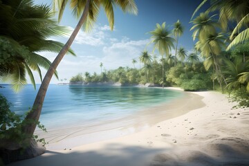 Obraz na płótnie Canvas AI generated illustration of a beach with a long stretch of sand surrounded by lush green trees