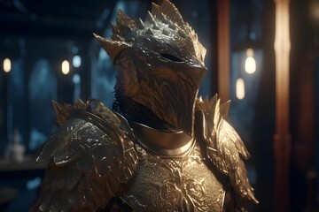 AI generated illustration of a medieval knight standing in a heroic pose wearing a gold plated armor