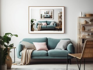 AI-generated illustration of a modern living room featuring a frame of an infinity picture on a wall