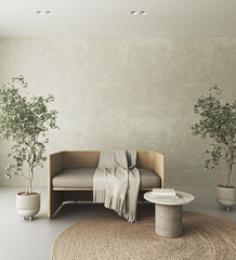 Conceptual interior livingroom with stucco beige wall. Creative composition bench with stone table in pastel color. Mockup empty background. 3d rendering. High quality 3d illustration