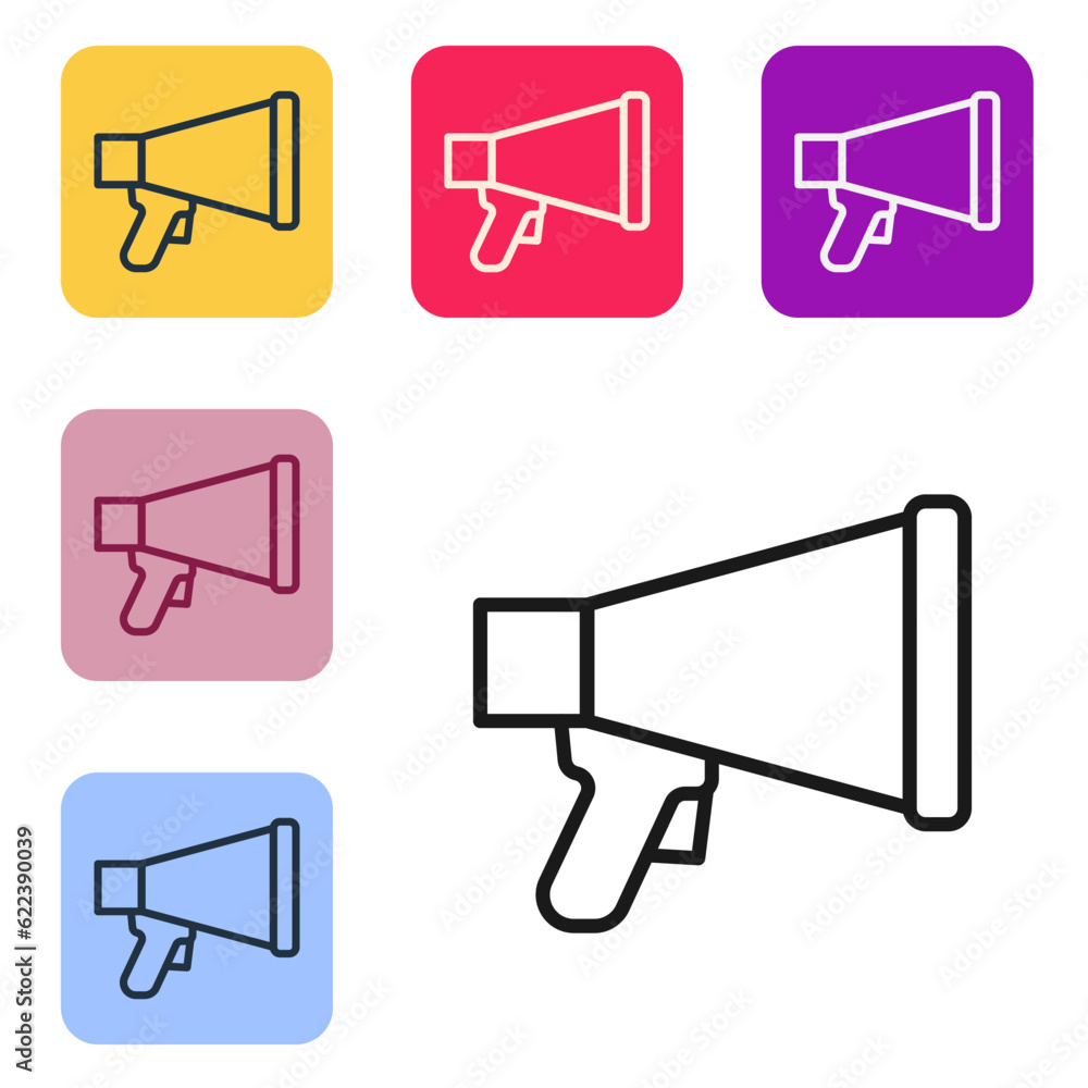 Poster black line megaphone icon isolated on white background. speaker sign. set icons in color square butt