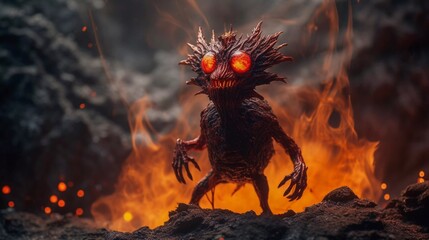 AI generated illustration of a demonic figure in a molten lava, surrounded by volcanic rocks