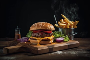 AI generated illustration of an appetizing burger with side of crunchy French fries on wooden board