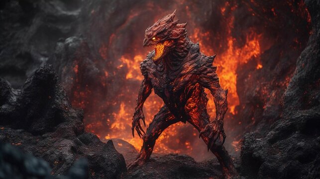 AI generated illustration of a demonic figure in a molten lava, surrounded by volcanic rocks