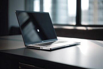 AI generated illustration of a modern laptop computer on a wooden desk in an office environment