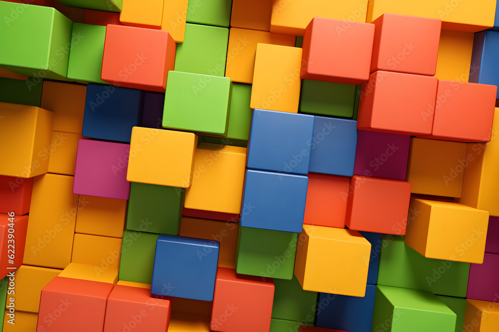 Poster ai-generated illustration of a collection of multicolored cubes arranged in a geometric formation.