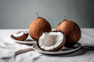 AI-generated illustration of freshly cut coconuts sitting on white plates.