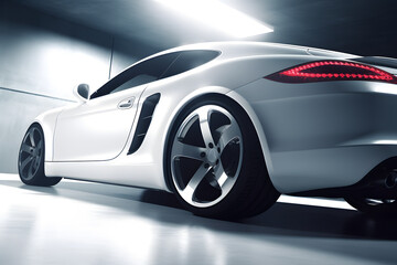 AI-generated illustration of a white sports car illuminated from the rear. - obrazy, fototapety, plakaty