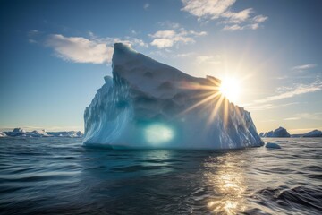 Fototapeta na wymiar iceberg in polar regions, Photographic Capture of the Sun Melting an Iceberg in the Antarctic, Amidst the Vast Ocean and Sunny Skies