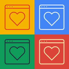 Pop art line Dating app online laptop concept icon isolated on color background. Female male profile flat design. Couple match for relationship. Vector