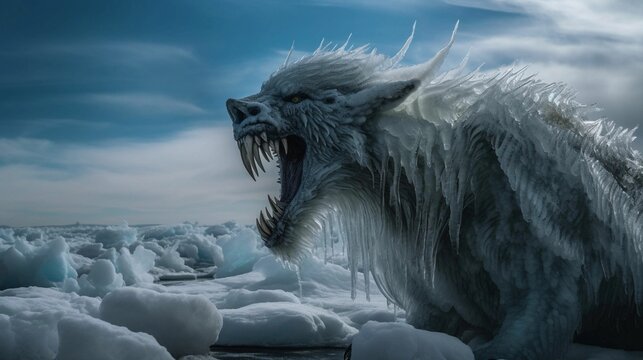 AI generated illustration of a mythical fictitious monster character with fur in a snowy landscape