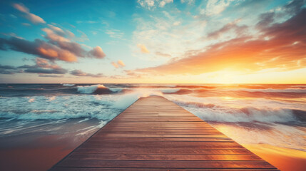 wooden pier or jetty on beach with wave at sunset. summer and vacation