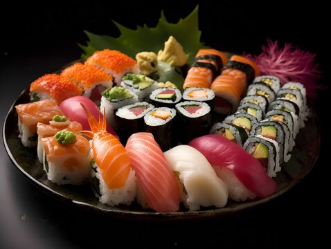 sushi platter on black plate with colorful salmon and avocado on side - Powered by Adobe