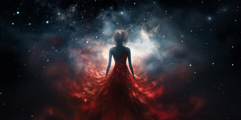 Fototapeta na wymiar Woman in a red dress against the background of the universe