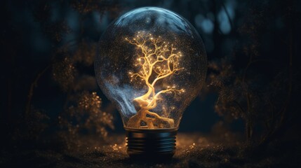 light bulb with a tree inside on the dark background photo